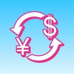 Currency exchange sign. Japan Yen and US Dollar. Cerise pink with white Icon at picton blue background. Illustration.