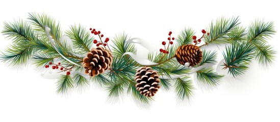 Pine twigs and Christmas decor isolated on white or transparent background