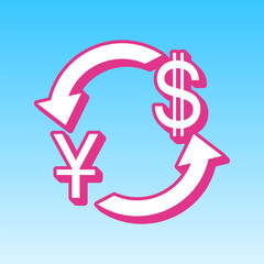 Currency exchange sign. China Yuan and US Dollar. Cerise pink with white Icon at picton blue background. Illustration.