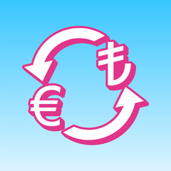 Currency exchange sign. Euro and Turkey Lira. Cerise pink with white Icon at picton blue background. Illustration.