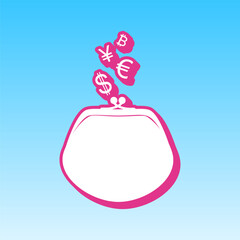 Wallet sign with currency symbols. Cerise pink with white Icon at picton blue background. Illustration.