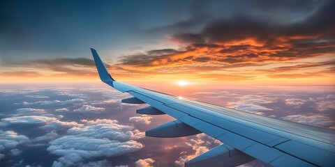 Obraz premium Airplane plane wing at sunset time through clouds.