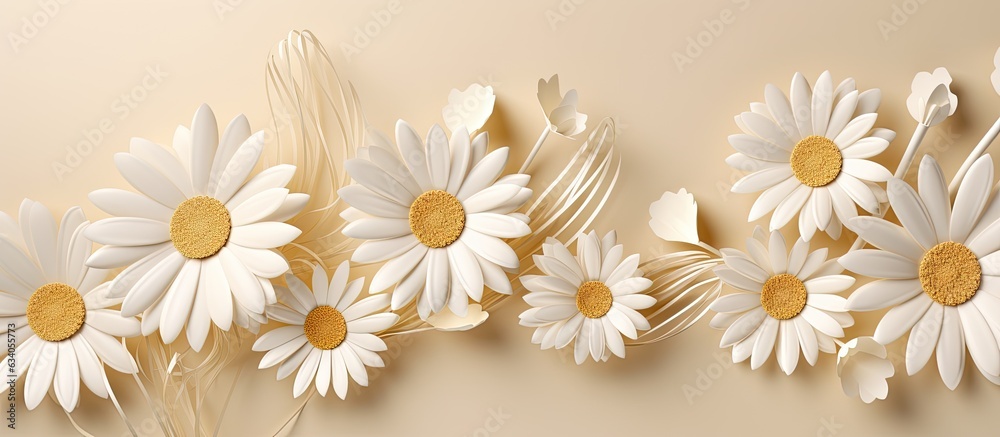 Poster chic chamomile daisy flowers pattern with shadows on neutral backdrop and copy space