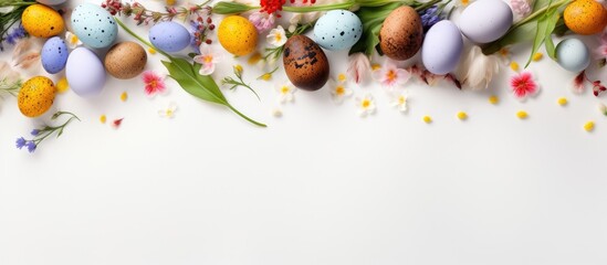 Fototapeta na wymiar White background with spring flowers quail eggs and copy space Easter and springtime theme from top view g 2 1 1.png
