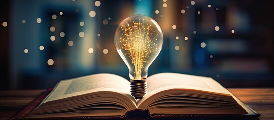 Light bulb on open book with graphs of stock market education and business growth reading for inspiration and new ideas for the future