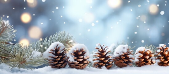 Snowy winter Christmas tree branches with cones surrounded by defocused lights and blurred background Spacious banner with space for text Emphasis on cones