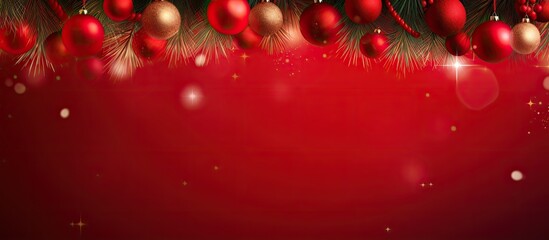 Christmas background with red color fir branches and ornaments
