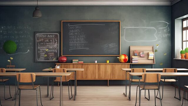 back to school classroom with blackboard background with anime or cartoon style.  seamless looping time-lapse virtual video animation background.