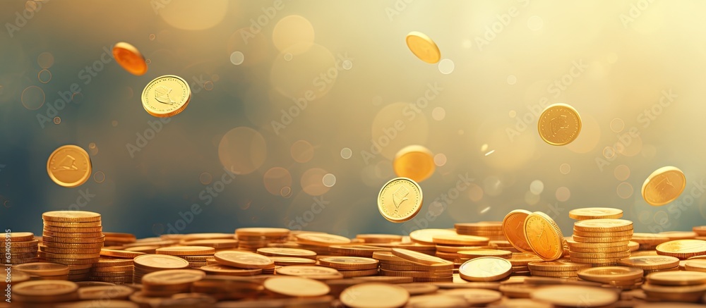 Poster coins flying and floating into piggy bank for financial saving concept 3d render