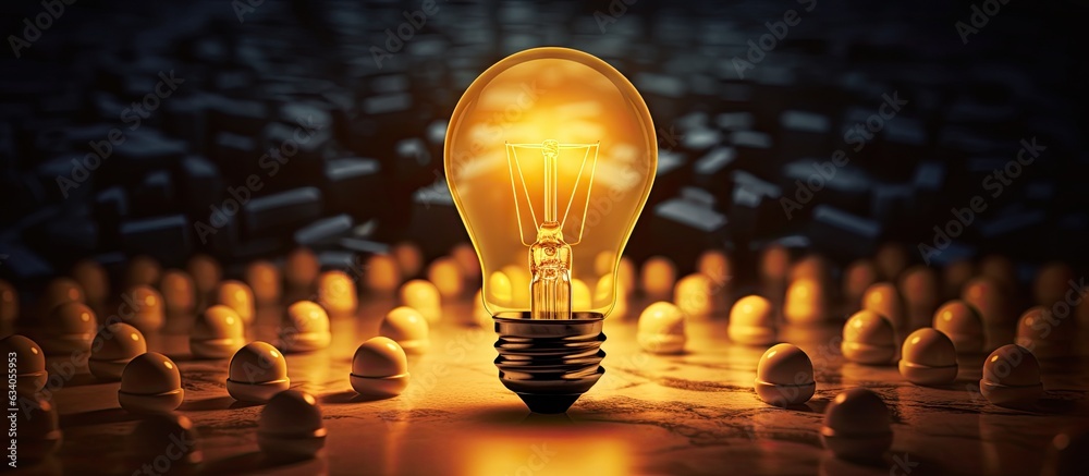 Poster A single lightbulb shines amidst a group of off lights in a dark area providing space for creativity problem solving and outstanding ideas
