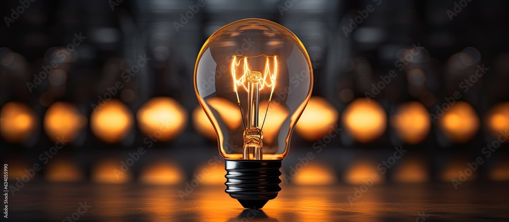 Poster A single lightbulb shines amidst a group of off lights in a dark area providing space for creativity problem solving and outstanding ideas