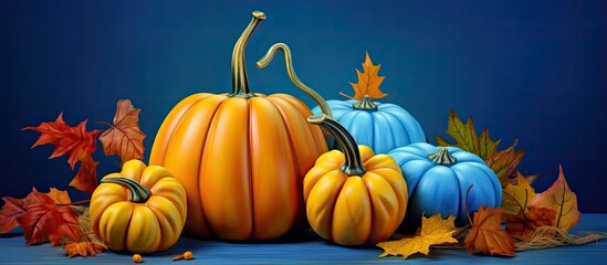Naklejka na ściany i meble Beautiful pumpkins with yellow leaves on blue background are in the corners