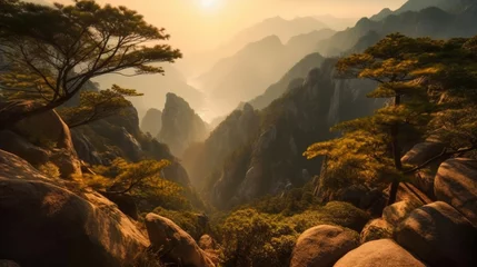 Papier Peint photo Monts Huang Beautiful Huangshan mountains landscape at sunrise in China. Generative AI