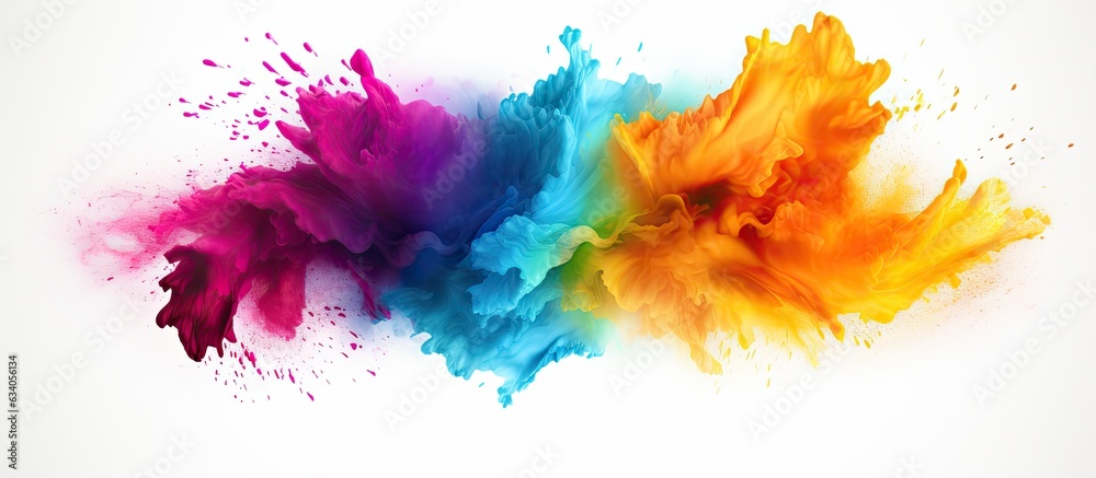 Poster vibrant round explosion of colorful powder isolated on white background with copy space