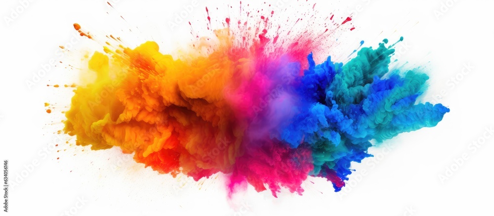 Poster vibrant round explosion of colorful powder isolated on white background with copy space