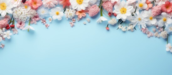 Mock up of spring flowers in a frame on a blue background with copy space