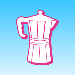 Pot for brewing coffee sign. Cerise pink with white Icon at picton blue background. Illustration.