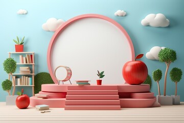 3D rendering, product presentation. Pink podium with stairs. stage for school products. Apple, plants drum on stage. Behind is bookcase with books and trees. blue sky with clouds on background.