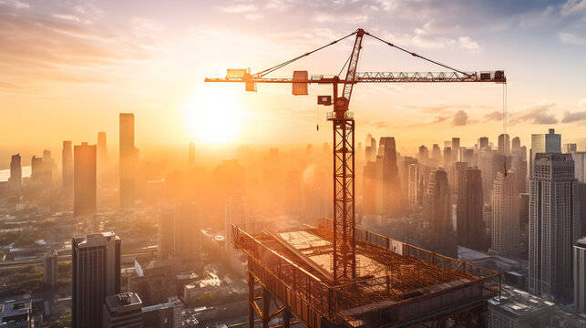 The crane is lifting the steel beam high into the air, industrial machinery stock photos