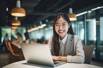 Fototapeta na wymiar Young Smiling Asian Businesswoman: Employee or Student, Generative Ai