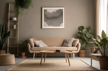 A living room with a couch and a coffee table with frame on the wall
