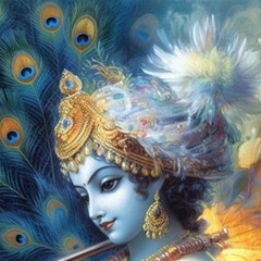 Cute Krishna cartoon illustration with flute - ai generative