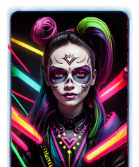 Neon skull makeup. Halloween party, traditional Mexican carnival, Santa Muerte. Beautiful young woman costume, painted face. Dia de muertos.