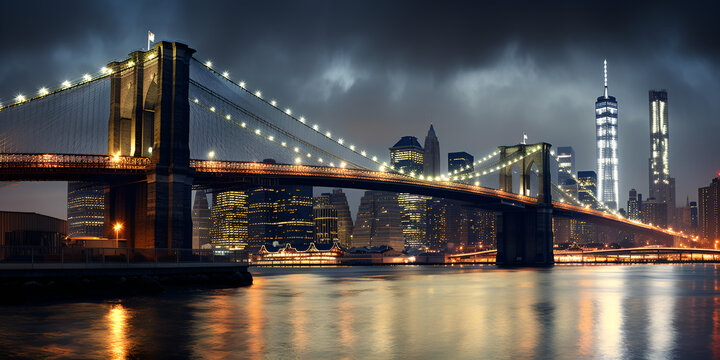 An Image Of The New York Bridge At Night Background ,City Lights Illuminating the Night