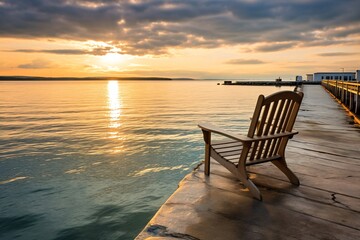 Wooden chair on the pier at sunset. Beautiful seascape.