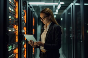 Female Data Center IT Specialist Using Tablet Computer
