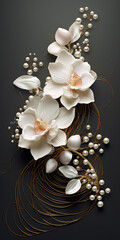 Decorative and luxurious composition of undulating silk with flower and pearls. AI generated