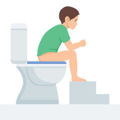 Baby boy sitting on toilet bowl in unhealthy posture vector illustration. Cartoon funny preschool kid training to use toilet with foot bench in restroom. - obrazy, fototapety, plakaty