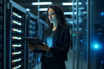 Successful Female Data Center IT Specialist Using Tablet Computer, Turning Augmented VFX Visualization on Server Farm Cloud Computing Facility. System Engineer Working for Cyber Data Security Company