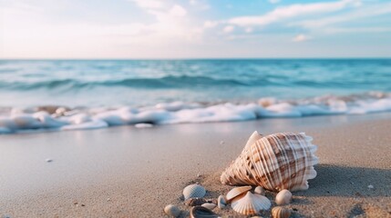 A small seashell on a beach . Created using Generative AI technology.