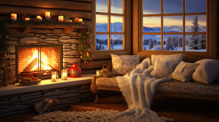 Cozy Winter Scene with fireplace and hot cocoa and winter related things
