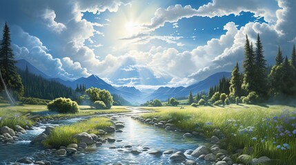 Naklejka na ściany i meble painting style illustration of beautiful spring morning light nature landscape, Generative Ai
