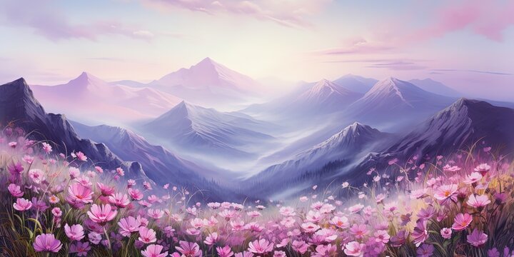 illustration of beautiful pink flower field with mountain valley landscape, Generative Ai
