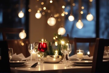 modern Christmas atmosphere during a family gathering. Shiny metallic surfaces and a Christmas table centerpiece catch the eye, illuminated by bright ceiling lights in the evening