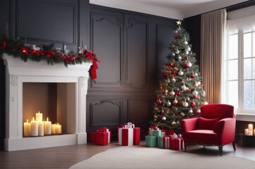 Decorative Noel and New Year interior living room concept, home style, furniture, Christmas tree. Happy new year at house concept.