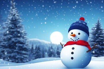 Naklejka na ściany i meble Merry christmas and happy new year greeting card with copy-space. Happy snowman standing in winter christmas landscape. Beautiful sky, sun, snowflakes