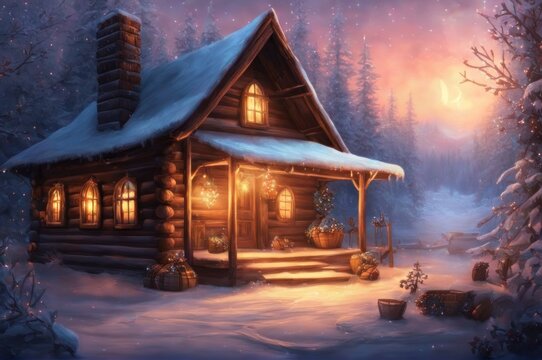 concept art of coziness of a cabin, featuring wooden planks and frost on branches. The scene is illuminated by soft candlelight during dusk, with a Berry wreath and baskets adding to the ambiance