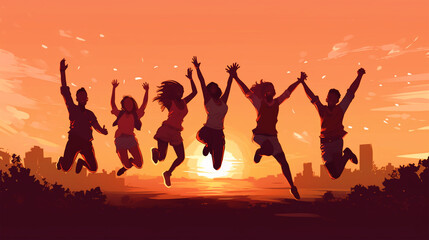 International Youth Day illustration of people jumping in sunset background - ai generative - obrazy, fototapety, plakaty