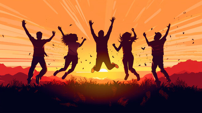 International Youth Day Illustration Of People Jumping In Sunset Background - Ai Generative