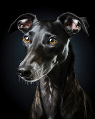 Generated photorealistic image of a greyhound dog in profile with orange eyes 