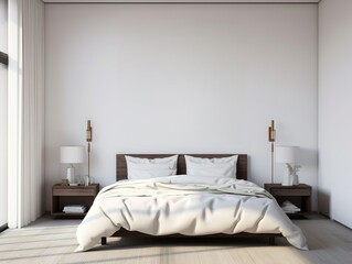 Fototapeta na wymiar modern minimalist and sober bedroom, interior decoration, wall art. IA generativ