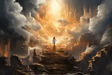 Fotobehang Ascendance through Ages: A Person Climbing Ancient Steps and Ruins, Immersed in the Timelessness of their Passage Generative AI   © furyon