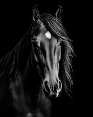 Obraz na płótnie Canvas Generated photorealistic image of a domestic horse with developing mane in black and white format