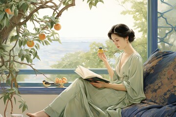 watercolor painting style illustration of pretty Asian woman sitting under orange tree at balcony, reading book, relax vibe, Generative Ai