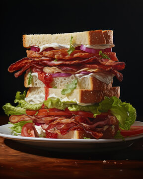 Generated photorealistic image of sandwiches with bacon, mayonnaise and herbs stacked