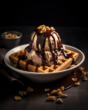 Generated photorealistic image of appetizing chocolate ice cream and Viennese waffles